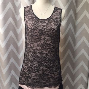 Anthropologie Velvet by Graham & Spencer Black Lace Overlay Mesh Tank Blouse